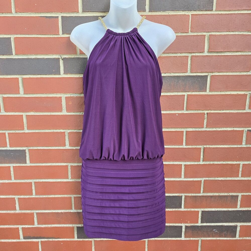 Cache Purple Blouson Gold Chain Halter Neck Dress Size 2 Cocktail Party USA Made